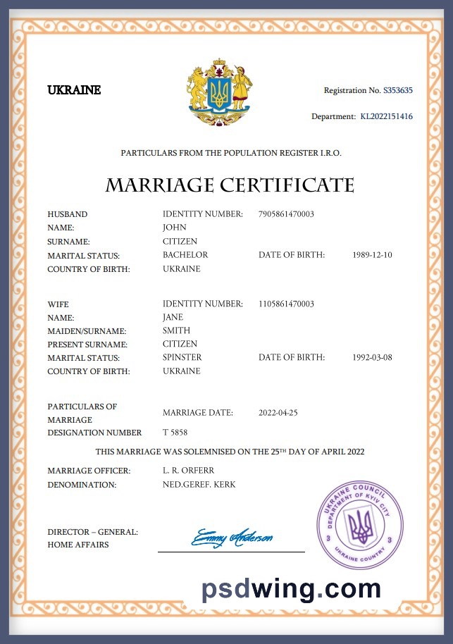 Ukraine Marriage Certificate (Word & PDF)